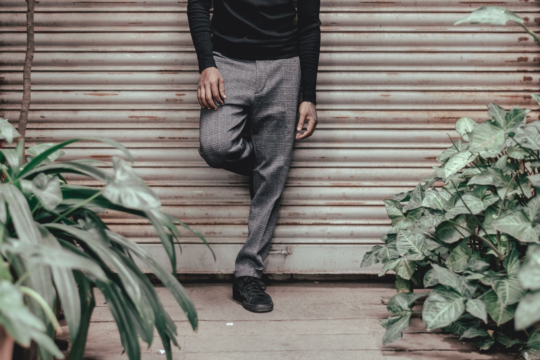 Stylish man posing casually against a roller shutter surrounded by plants.