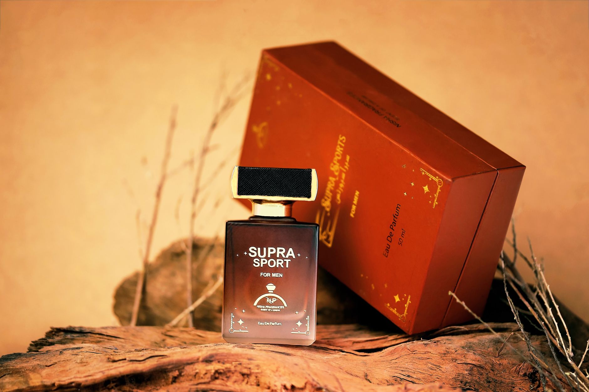 Elegant men's perfume bottle with woody background. Perfect for luxury branding and product photography.